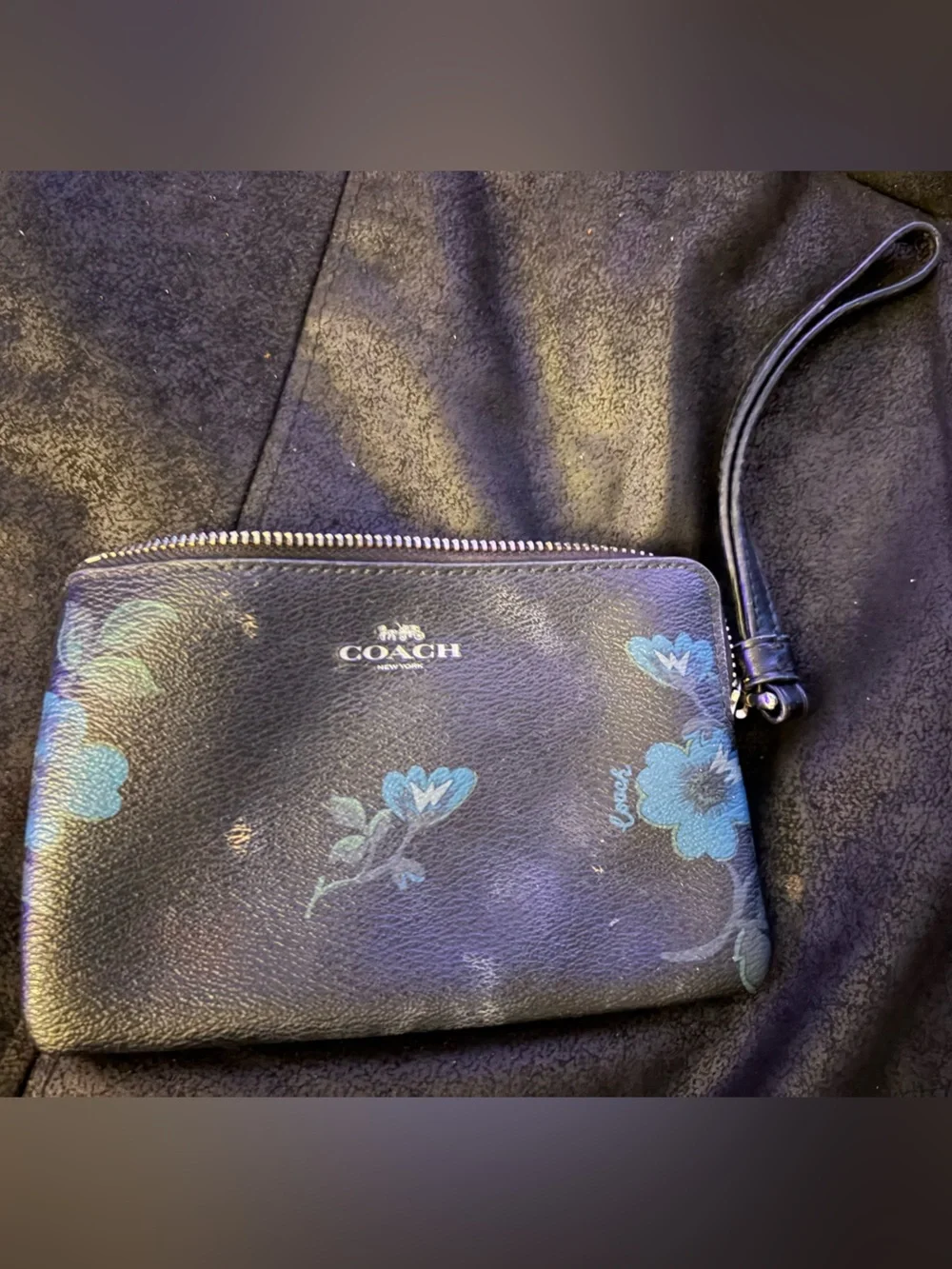 Coach Black Floral Wristlet with Blue Accents